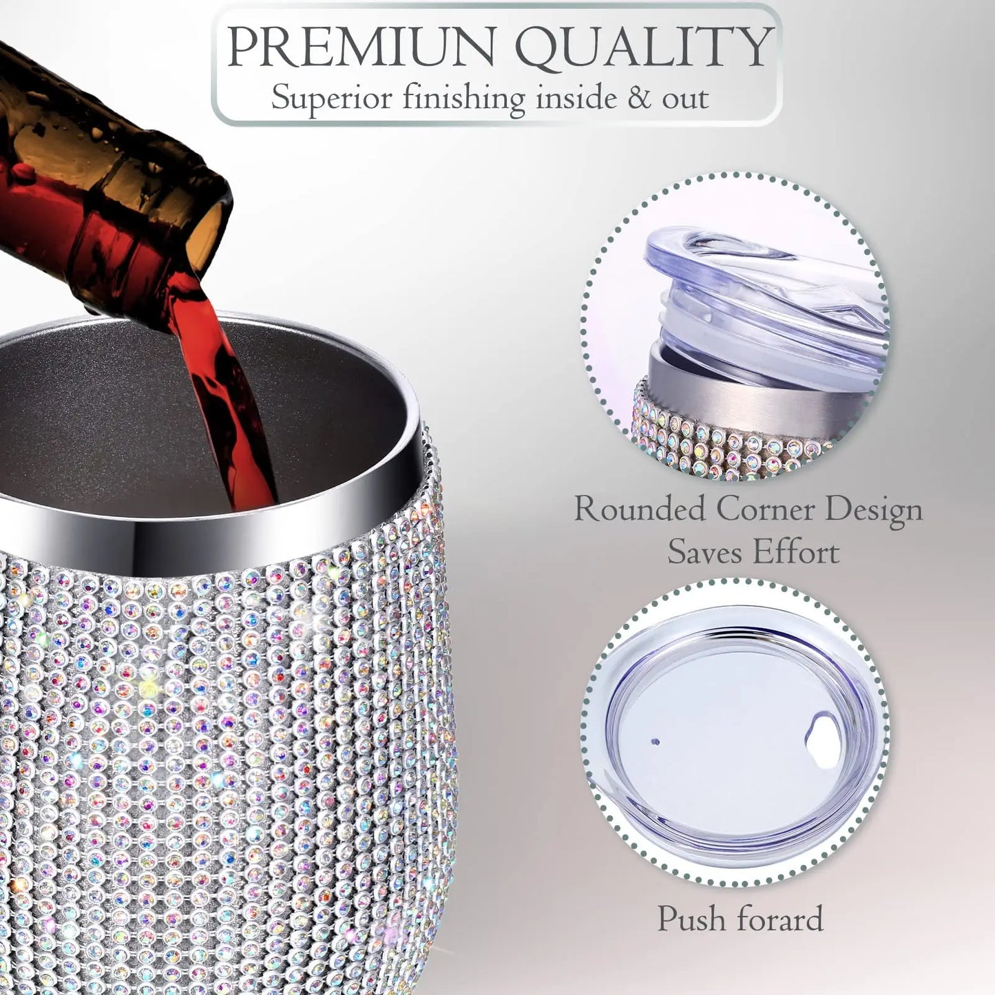 Hydro-shine 12oz Rhinestone Adorned Stainless Steel Insulated Wine Tumbler