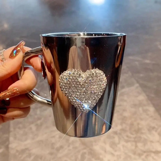 Stainless Steel Coffee Mug with Handle Heart-Shaped Sparkling Water Cup Faux Crystal Coffee & Beer Mug for Hot Beverage Tea