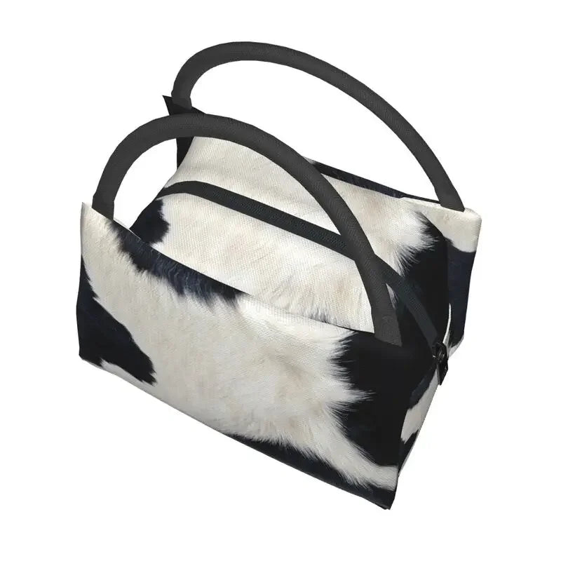 Black And White Cow Hide Print Insulated Lunch Bag (Simulated Cowhide) Textured Portable Thermal Cooler Food Lunch Box