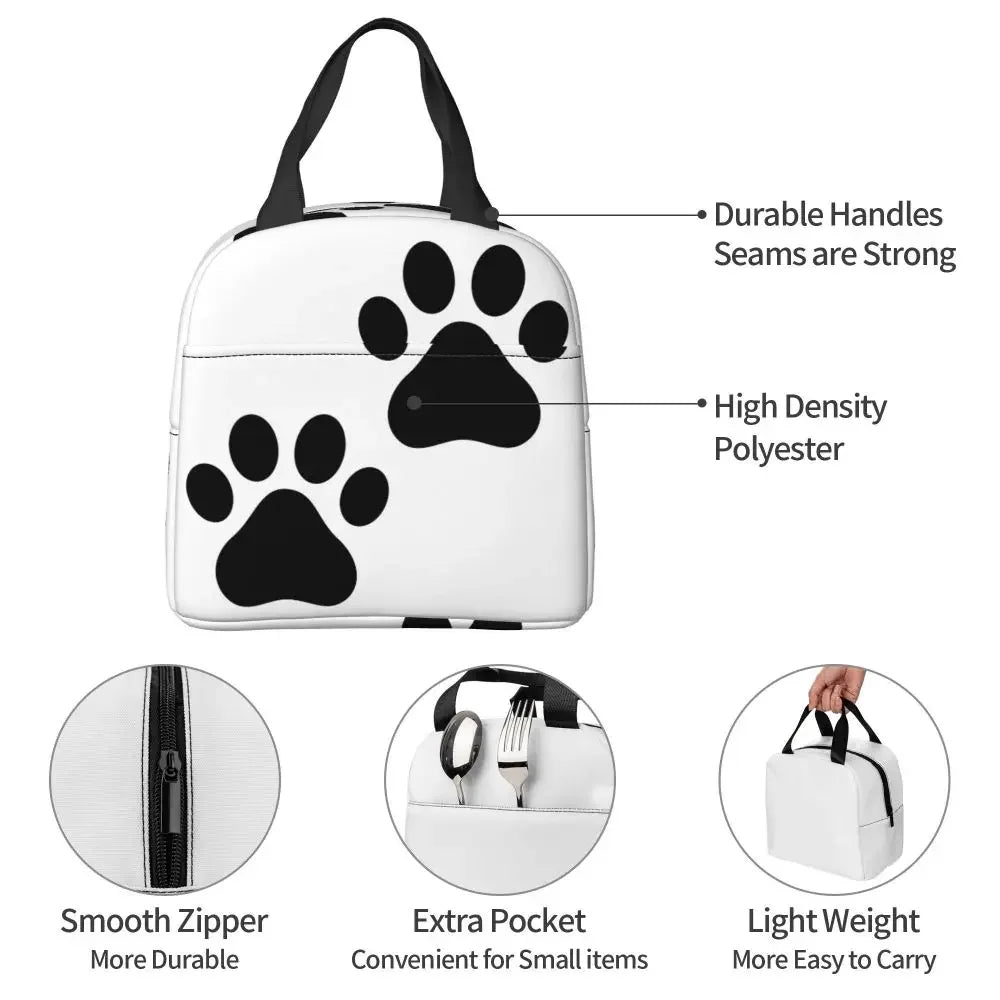 Black Dog Paw Print Waterproof Thermal Cooler Insulated Lunch Bag