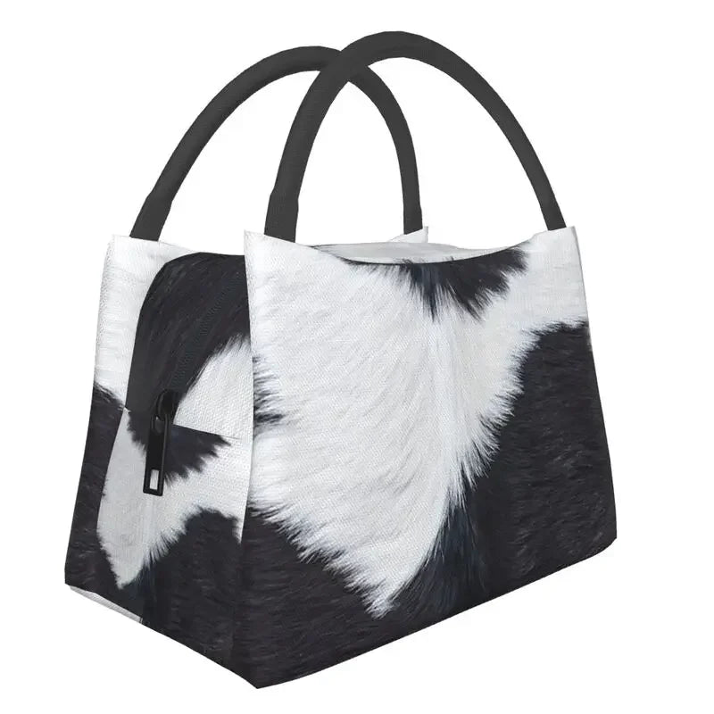 Black And White Cow Hide Print Insulated Lunch Bag (Simulated Cowhide) Textured Portable Thermal Cooler Food Lunch Box